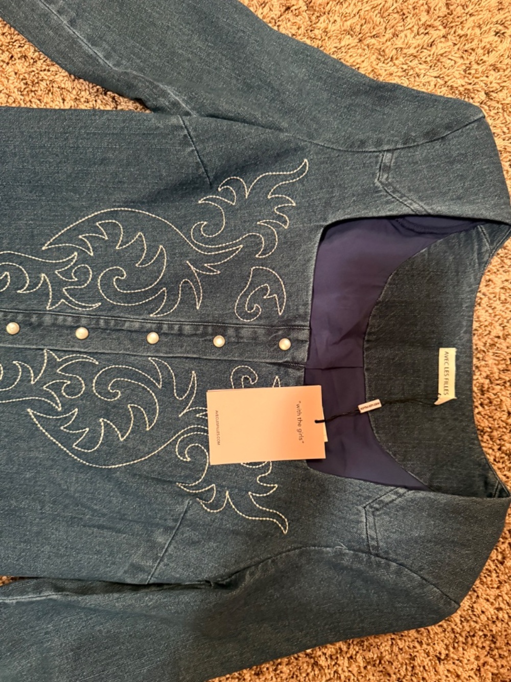 Avec Les Filles Western Embroidered Long Sleeve Denim Minidress - Picture 3 of 7